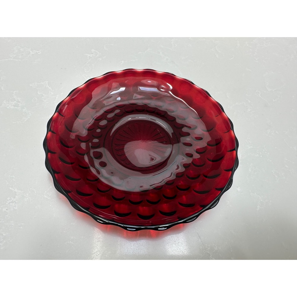 Vintage Ruby Red Glass Bubble Thumbprint Saucer Scalloped Edge Sunburst Center